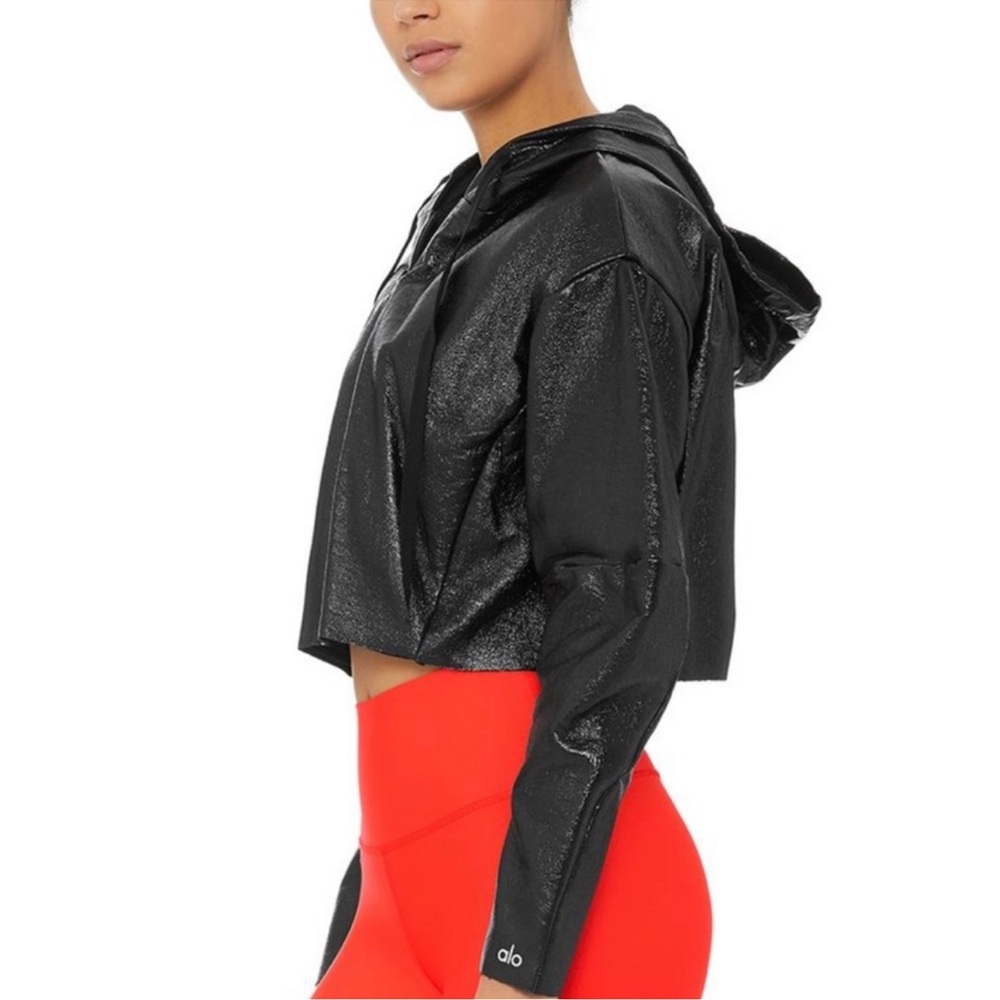 ALO Yoga Shimmering Black Women's Cropped Leather Hoodie Jacket